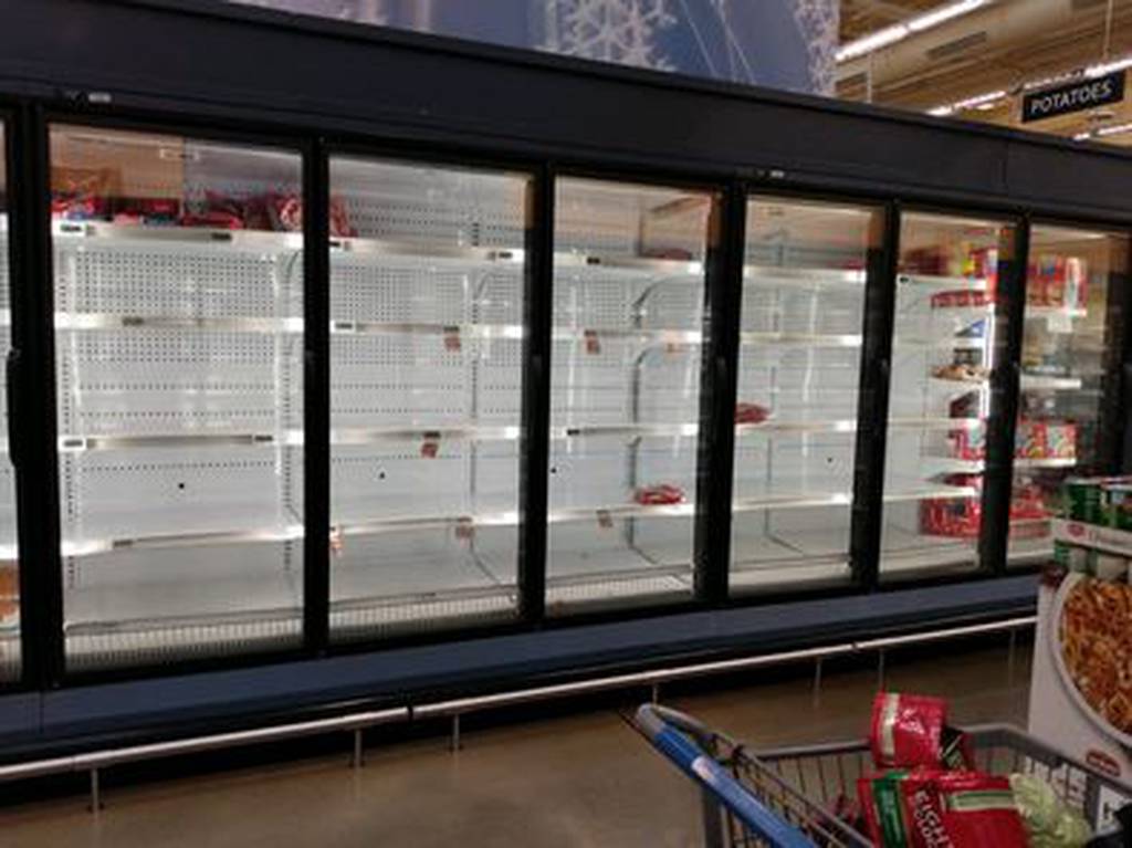 A commissary customer posted this photo of empty shelves on Jan. 12, on the Defense Commissary Agency's official Facebook page. Commissaries, like many civilian grocery stores, have struggled to fill their shelves. (KC Duffy via Facebook)